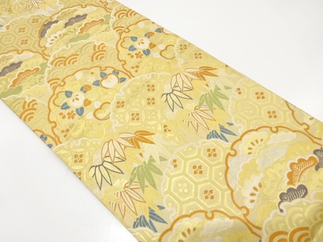 JAPANESE KIMONO / ANTIQUE MARU OBI / SILK / WOVEN PINE & BAMBOO GRASS